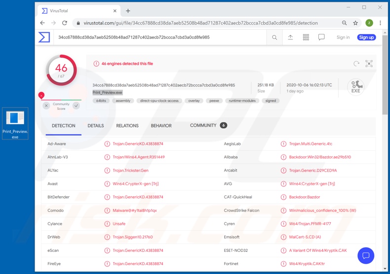 Detecções do malware BazarLoader no VirusTotal