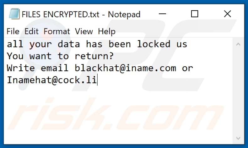 Ficheiro de texto de ransomware bH4T (FILES ENCRYPTED.txt)