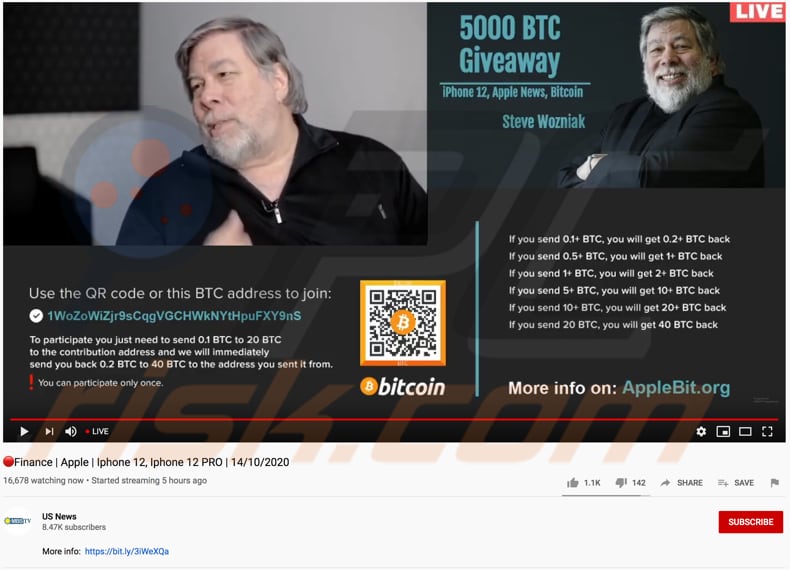 fraude btc giveaway a promover vídeo do youtube