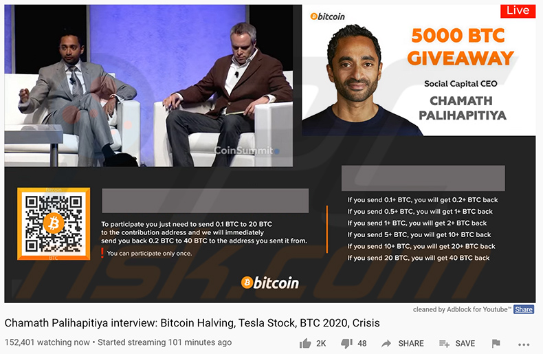 Vídeo com o tema Chamath Palihapitiya a promover a fraude do BTC Giveaway