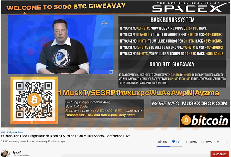 Vídeo com o tema Elon Musk a promover a fraude do BTC Giveaway