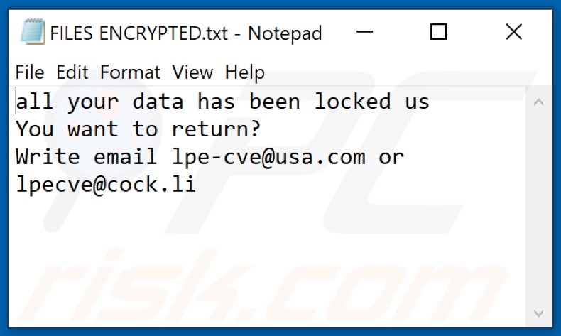 Ficheiro de texto do ransomware Cve (FILES ENCRYPTED.txt)