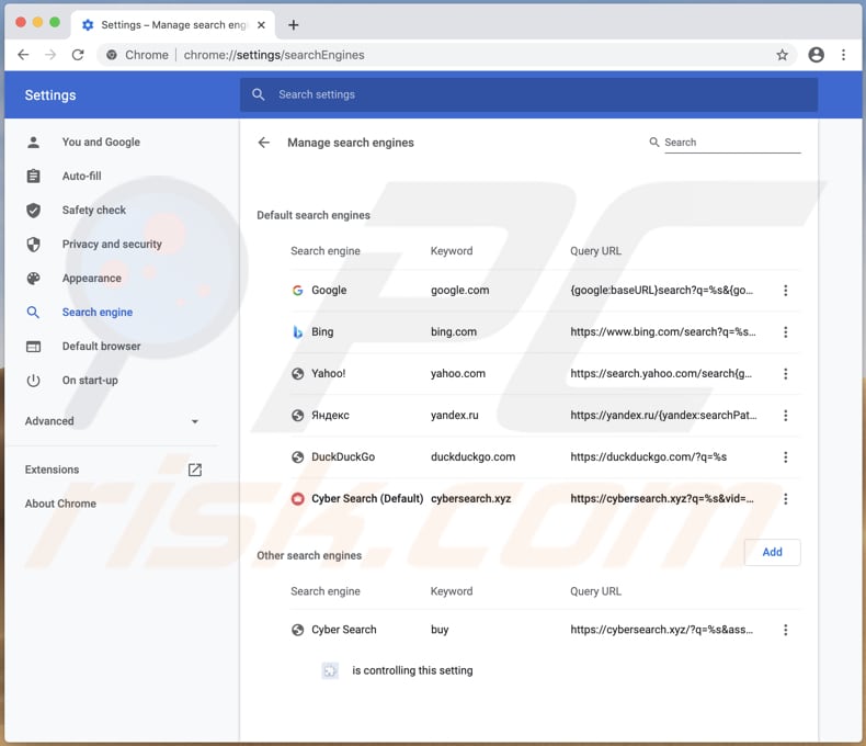 sequestrador de navegador cyber search cybersearch.xyz nas configurações do Chrome