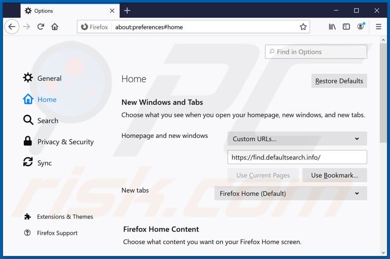 Removendo find.defaultsearch.info da página inicial do Mozilla Firefox