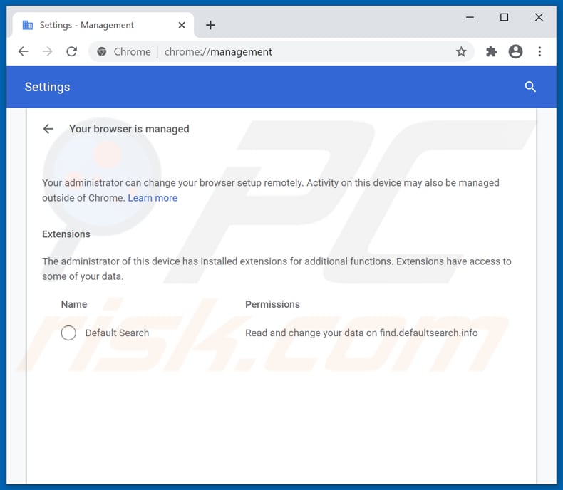 sequestrador de navegador de Default Search managed by your organization