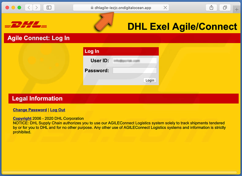 Website de phishing com o tema DHL Express