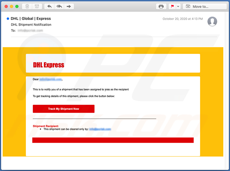 Email spam com o tema DHL Express utilizado para fins de phishing (2020-10-26)