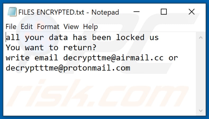 Ficheiro de texto do ransomware Dme (FILES ENCRYPTED.txt)