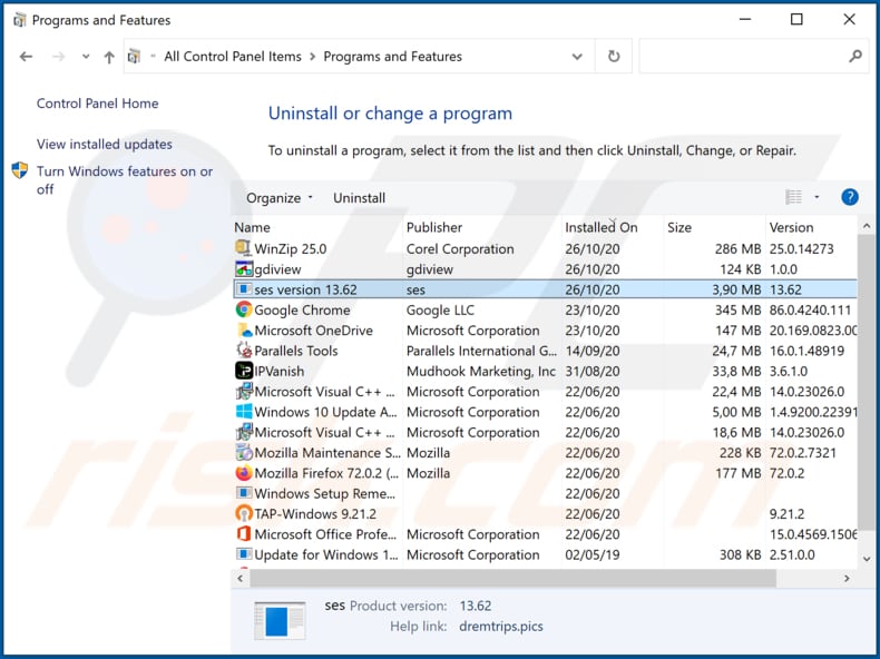 Desinstalação do adware DreamTrip via painel de controlo