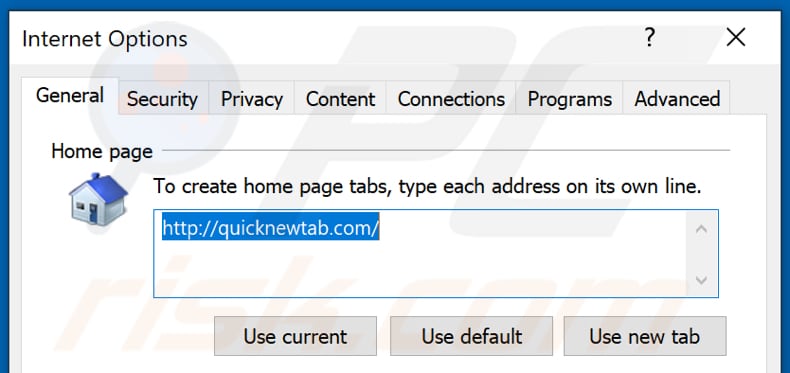 Remoção do quicknewtab.com da página inicial do Internet Explorer