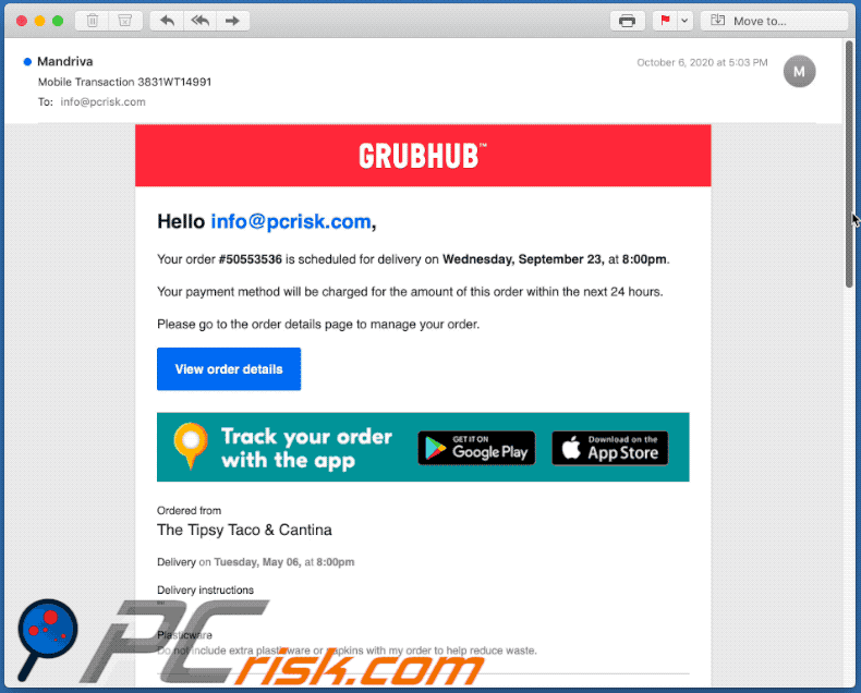 Email de spam usado para fins de phishing (2020-10-08 - exemplo 3)