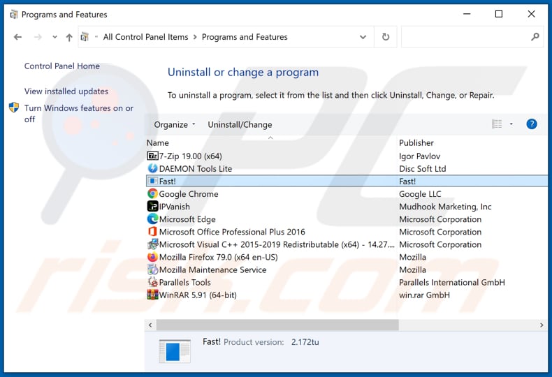Fast! desinstalação do adware através do Painel de Controlo