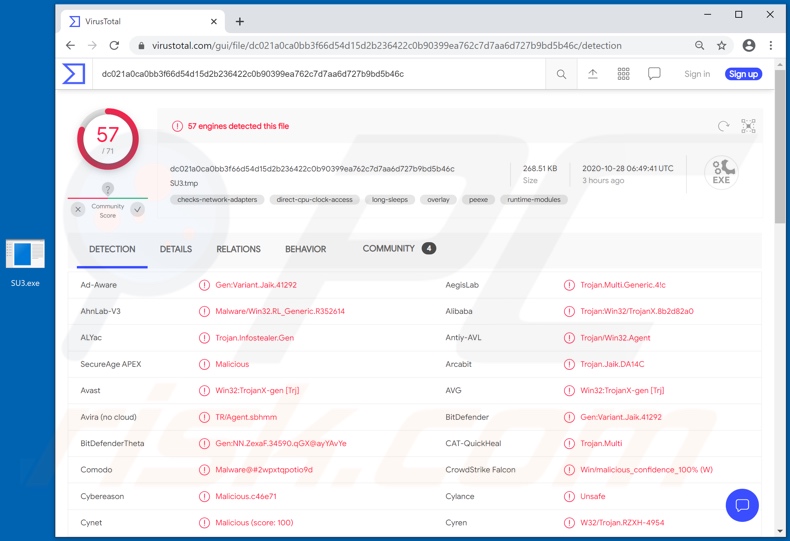 detecções do malware FickerStealer no VirusTotal