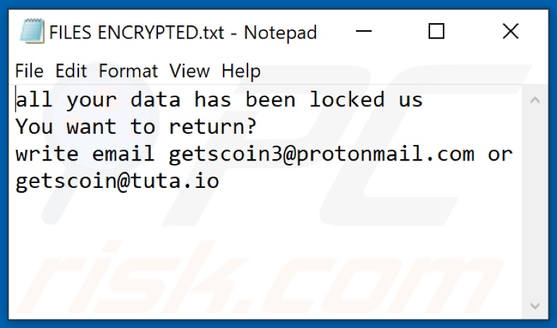 Ficheiro de texto do ransomware Gtsc (FILES ENCRYPTED.txt)