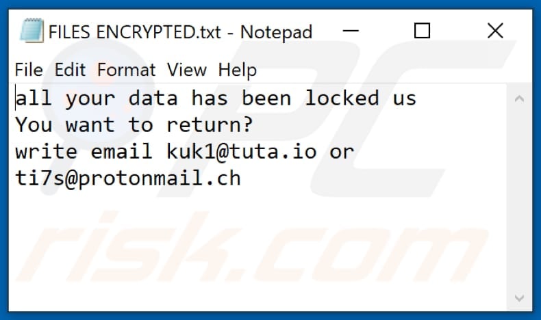 Ficheiro de texto do ransomware Kut (FILES ENCRYPTED.txt)