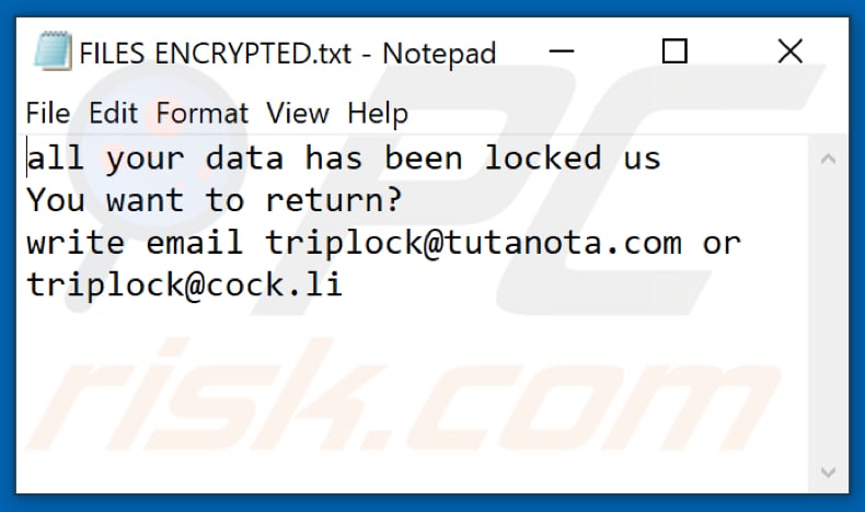 Ficheiro de texto do ransomware LCK (FILES ENCRYPTED.txt)