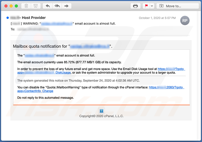 E-mail de spam com tema de Mail Quota (2020-10-05 - exemplo 2)