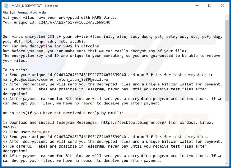 Instruções de desencriptação de MARS (!!! MARS_DECRYPT.TXT)