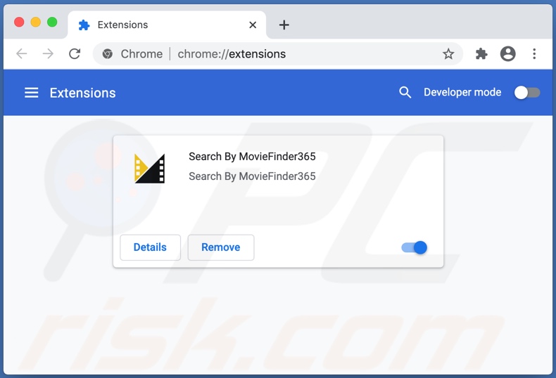 Sequestrador de navegador MovieFinder365 instalado no Chrome