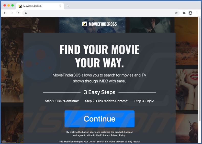 Site questionável utilizado para promover o sequestrador de navegador MovieFinder365