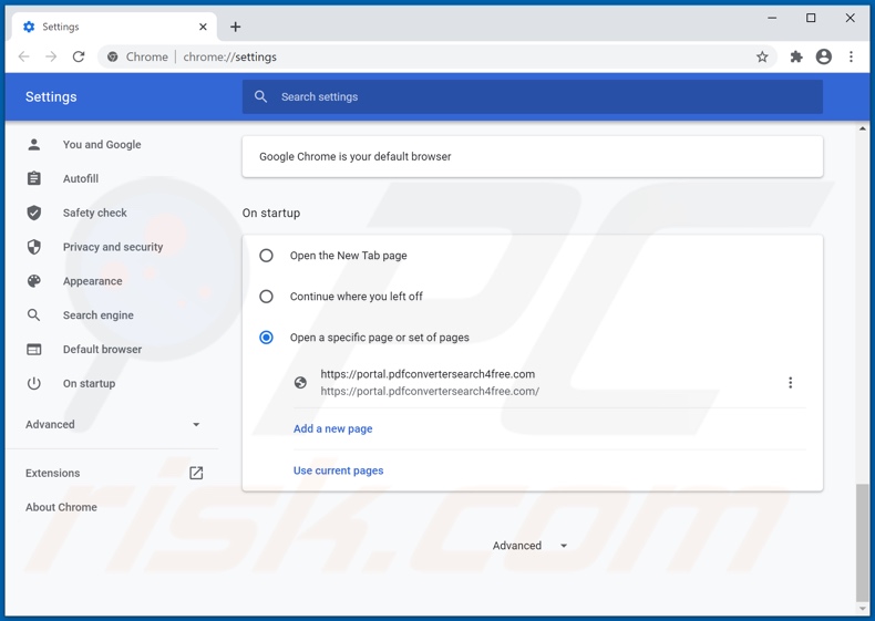 Removendo pdfconvertersearch4free.com da página inicial do Google Chrome