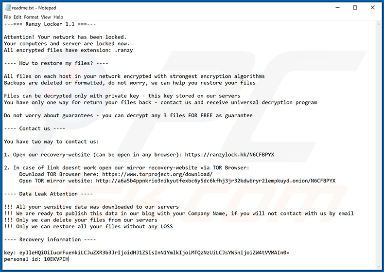 Nota de resgate rejeitada pelo ransomware Ranzy Locker (2020-10-19)