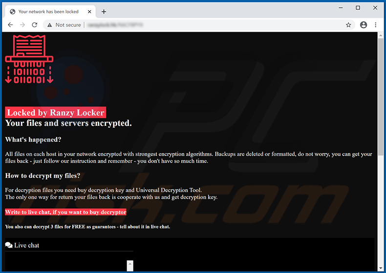 Site de ransomware Ranzy Locker no navegador normal