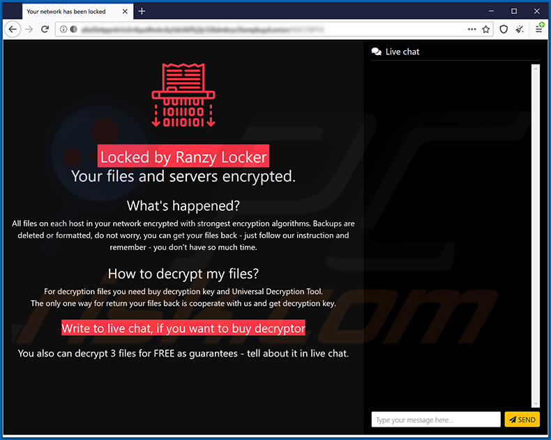 Site do ransomware Ranzy Locker no navegador Tor