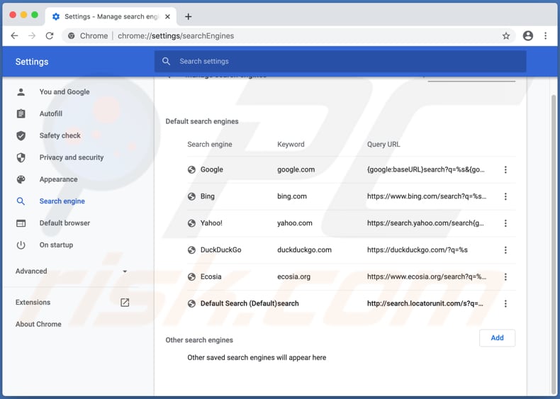 search.locatorunit.com nas configurações do Chrome