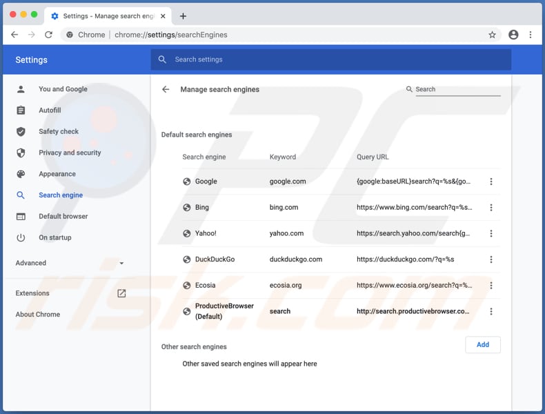 search.productivebrowser nas configurações do Chrome