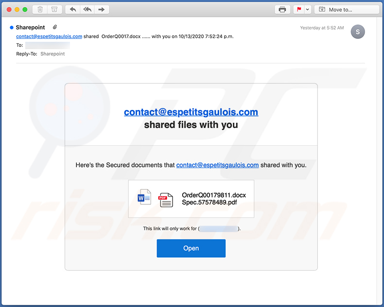 Email de spam do SharePoint a promover um site de phishing