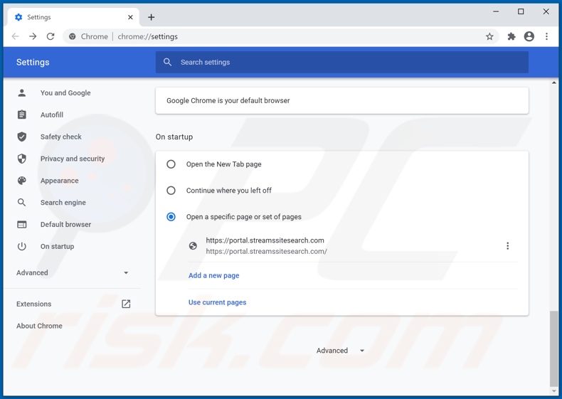 Removendo streamssitesearch.com da página inicial do Google Chrome