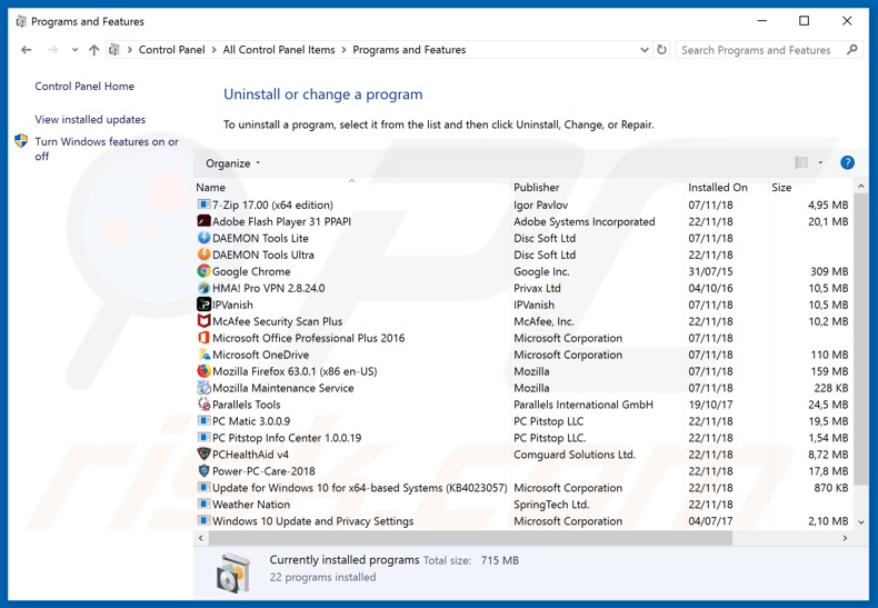 Desinstalação do sequestrador de navegador streamssitesearch.com através do painel de controlo