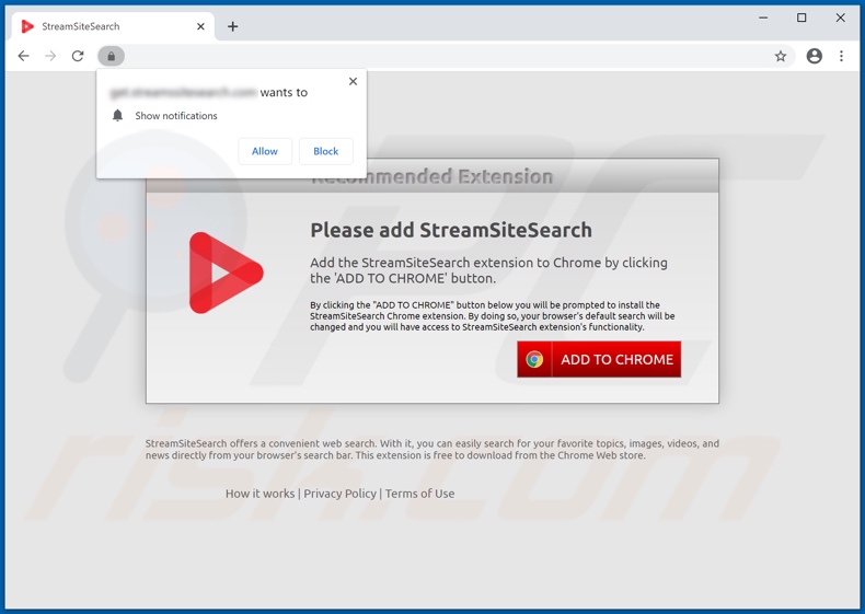 Site usado para promover o sequestrador de navegador StreamSiteSearch