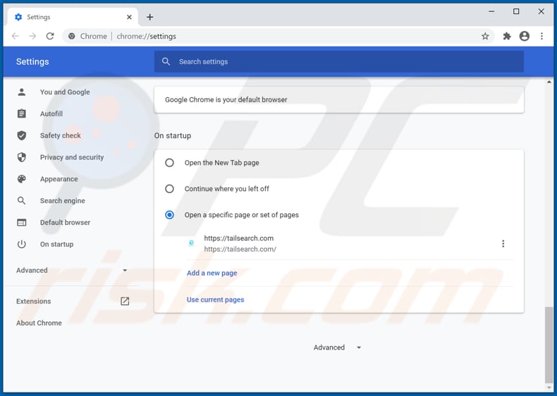 Removendo tailsearch.com da página inicial do Google Chrome