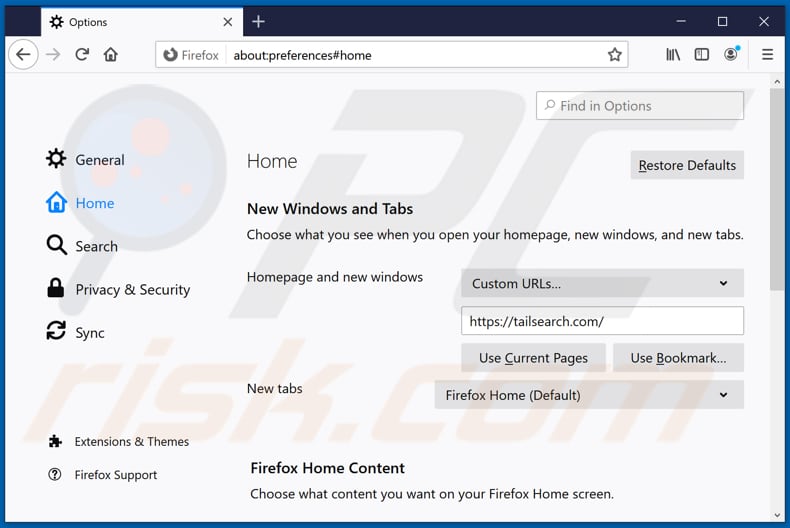 Removendo tailsearch.com da página inicial do Mozilla Firefox