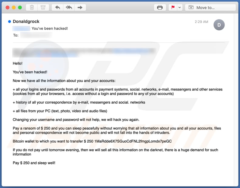Fraude por email You've been hacked! campanha de spam por email