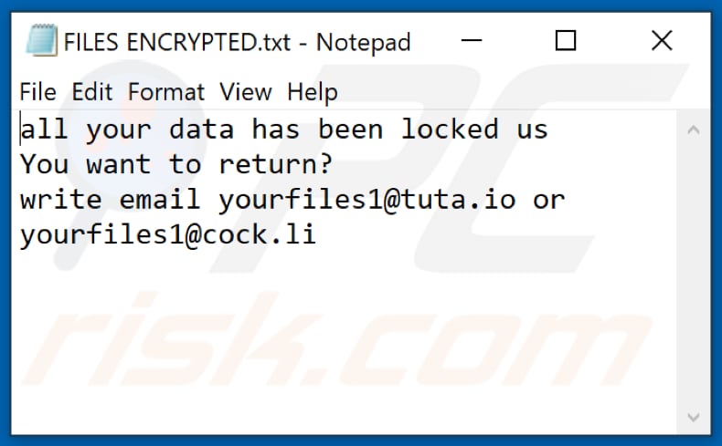 Ficheiro de texto do ransomware YUFL (FILES ENCRYPTED.txt)