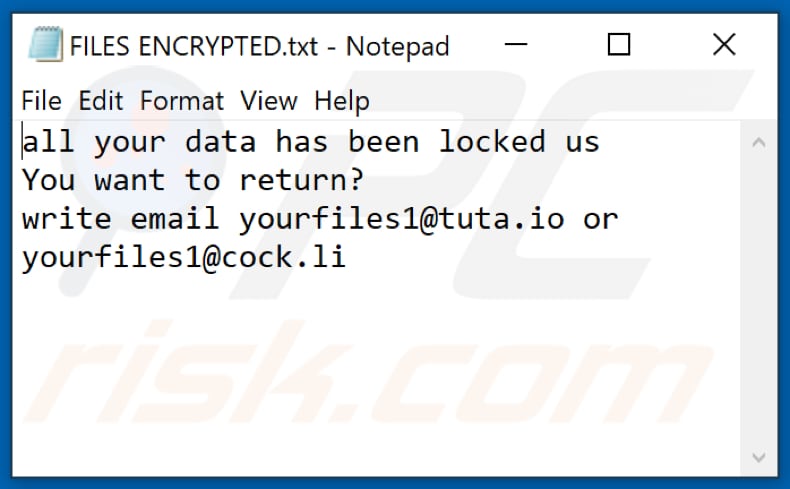 Ficheiro de texto do ransomware YUFL (FILES ENCRYPTED.txt)