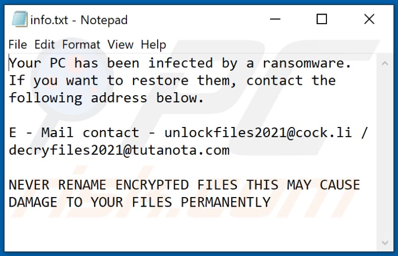 Ficheiro de texto do ransomware Acuff (info.txt)