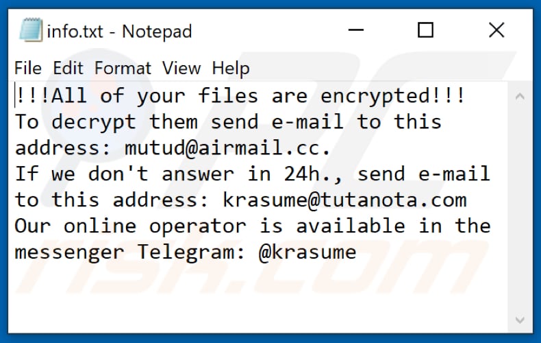 Ficheiro de texto do ransomware Banjo (info.txt)