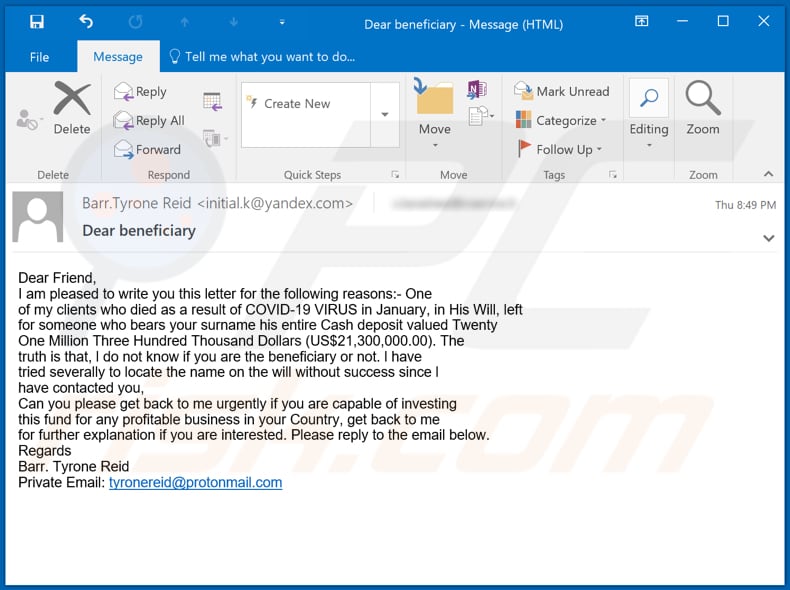 variante com tema covid beneficiary inheritance email scam