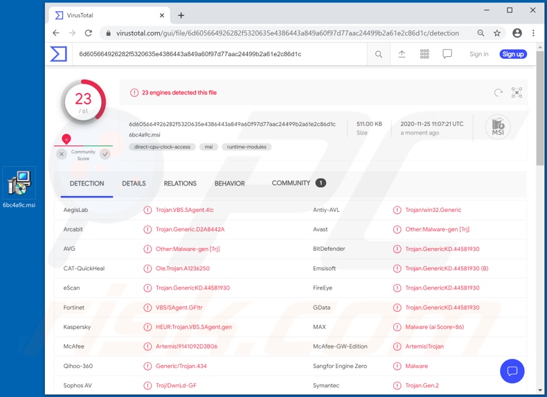 Detecções do malware Chaes (instalador falso) no VirusTotal