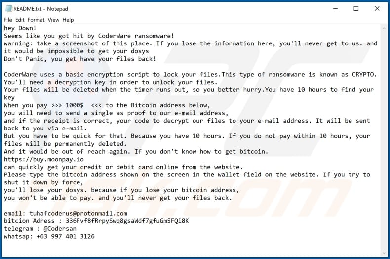 Ficheiro de texto do ransomware CoderWare (README.txt)