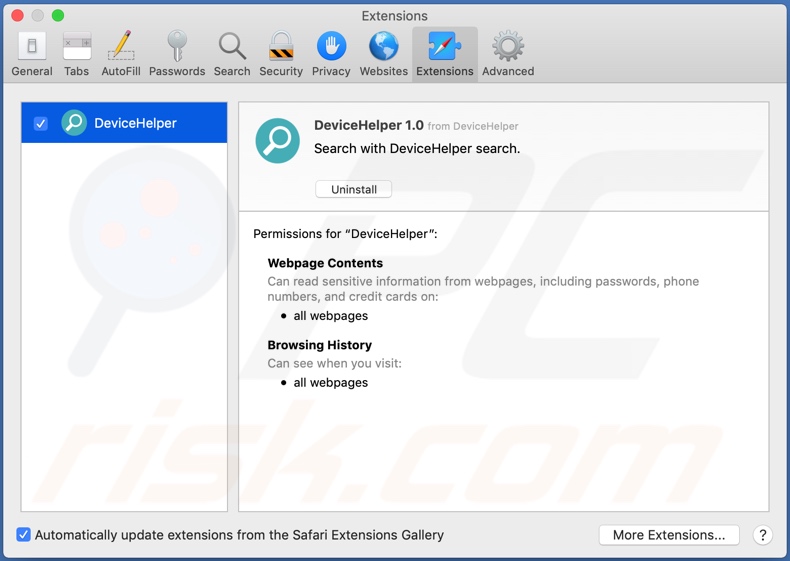 Adware DeviceHelper instalado no Safari