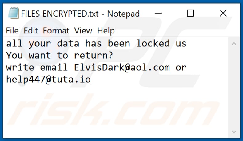 Ficheiro de texto do ransomware Elvis (FILES ENCRYPTED.txt)