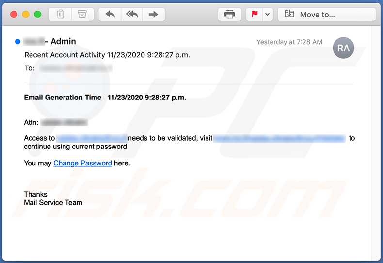 email  de spam a promover a página de login falsa de Outlook (2020-11-25)