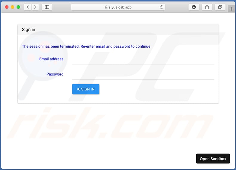Site de phishing Email credentials promovido via e-mails de spam