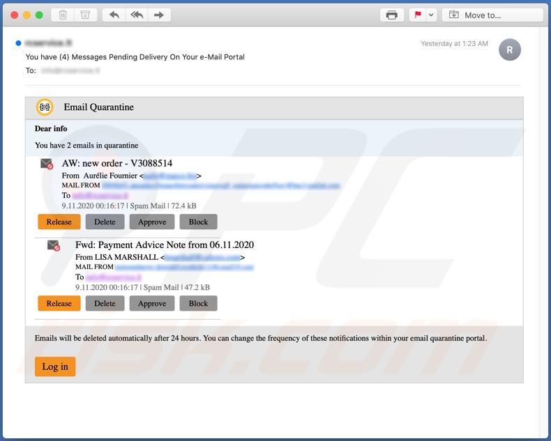 campanha fraudulenta de spam por email quarantine email