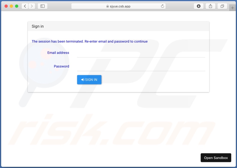 site de phishing promovido pelo email fraudulento Email Quarantine 